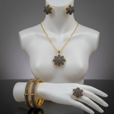 Floral Crystal Gold Plated Pendant & Bangles Jewelry Set
