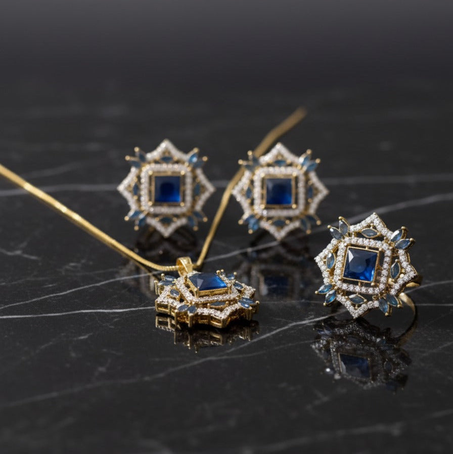 Blue Stone Gold Plated Pendant Set