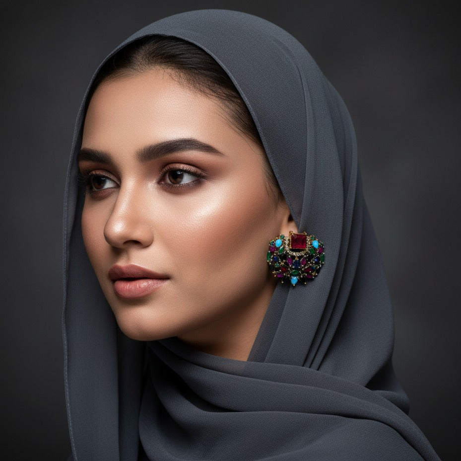 Gold Plated Traditional Earrings – Multicolor Statement Studs