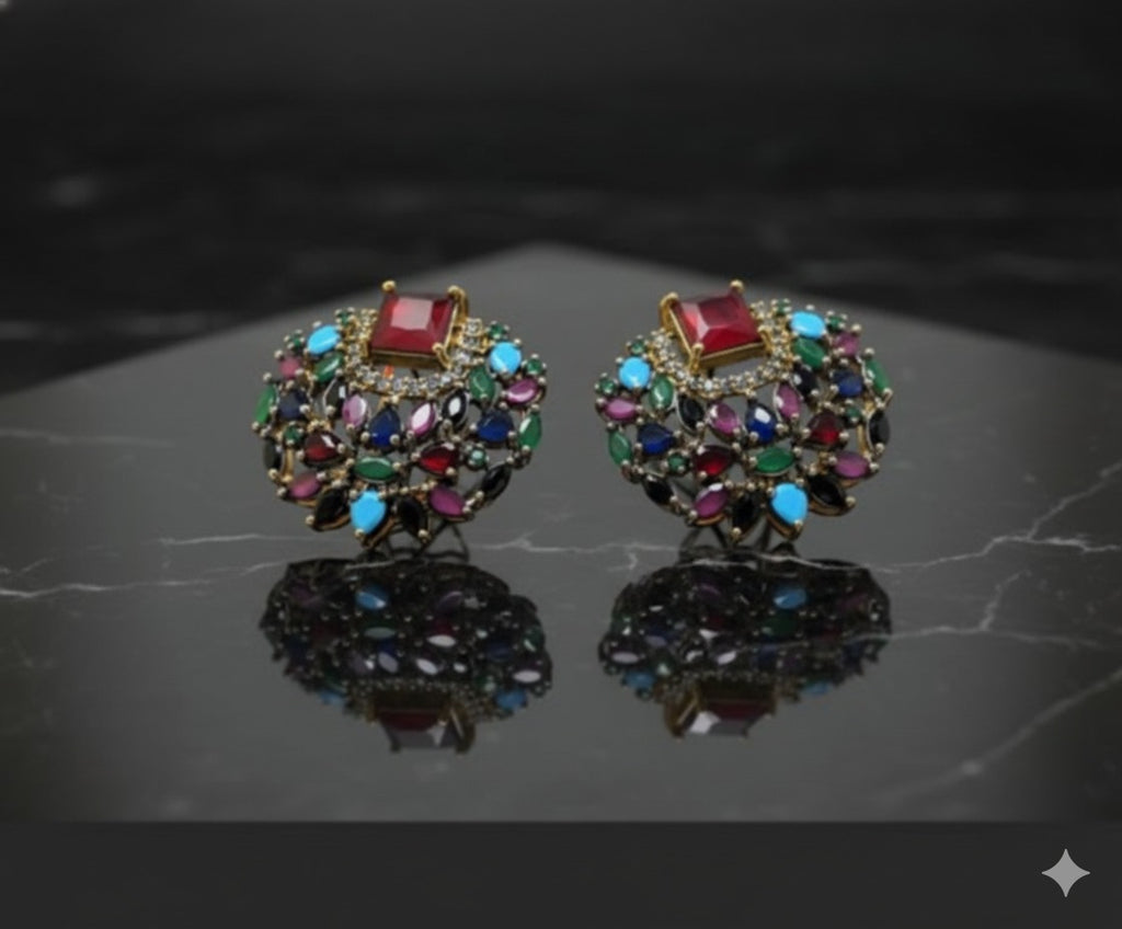 Gold Plated Traditional Earrings – Multicolor Statement Studs