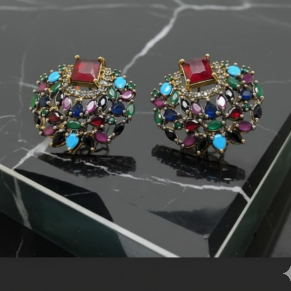 Gold Plated Traditional Earrings – Multicolor Statement Studs