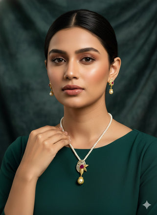 Traditional Ruby Pearl Pendant Set