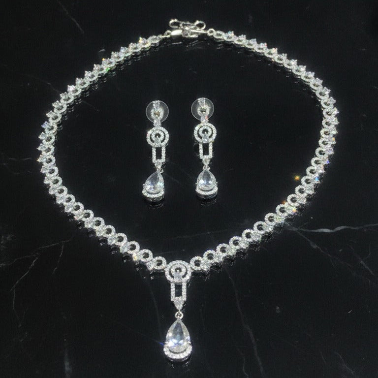 Silver Crystal Pear Drop Jewelry Set