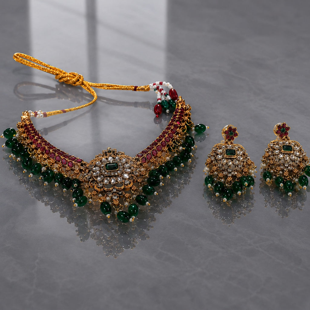South Indian Kundan Choker Set with Jhumka Earrings