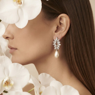Elegant Crystal Leaf Pearl Drop Earrings