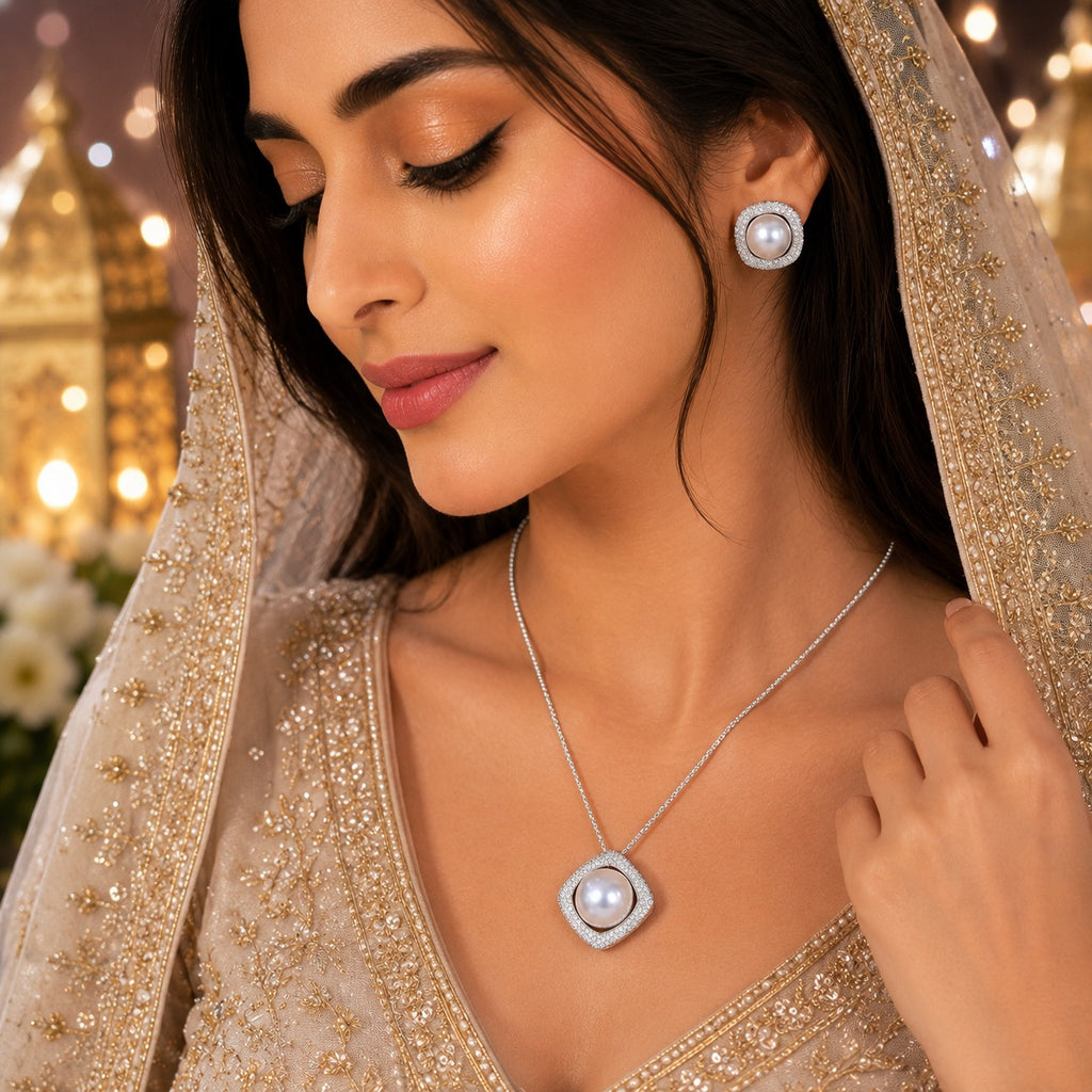 White pearl square crystal locket set with sparkling silver-tone detailing