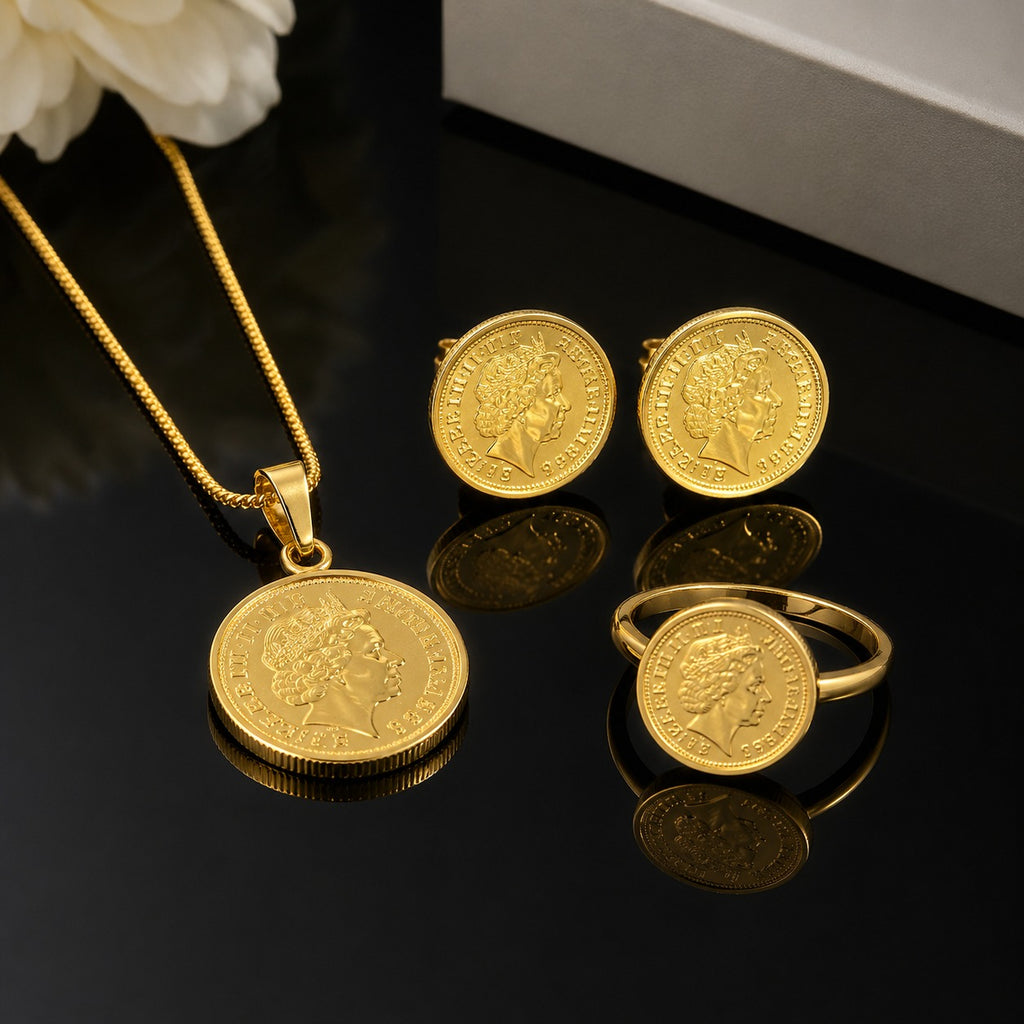 Golden coin pendant necklace with matching coin earrings and ring jewelry set