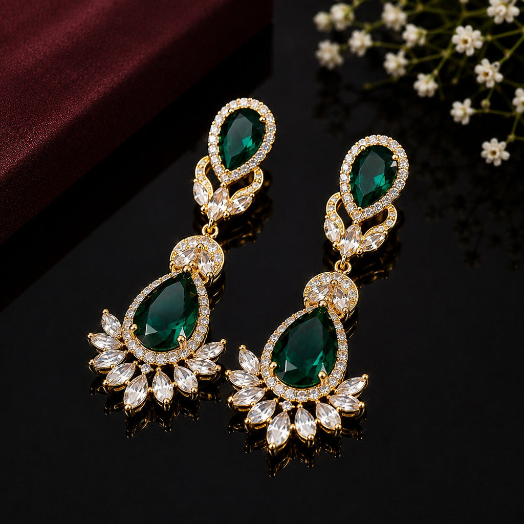 Elegant teardrop American diamond earrings with intricate floral detailing