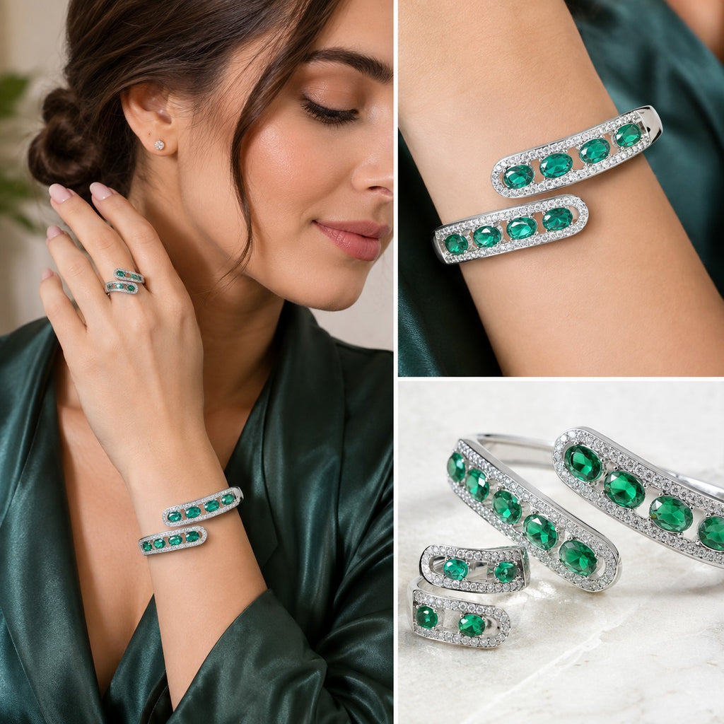 Emerald green American Diamond bracelet and matching ring set with sparkling stone detailing