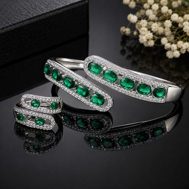 Emerald green American Diamond bracelet and matching ring set with sparkling stone detailing