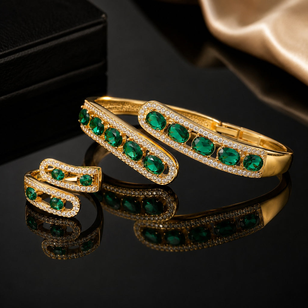 Emerald green American Diamond bracelet and matching ring set with sparkling stone detailing