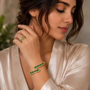Emerald green American Diamond bracelet and matching ring set with sparkling stone detailing