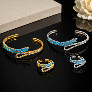 CZ turquoise bracelet and matching ring set with sparkling crystal detailing