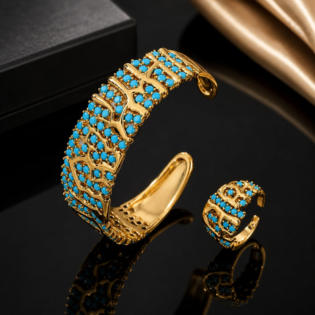 Golden CZ designer bracelet and matching ring set with intricate detailing