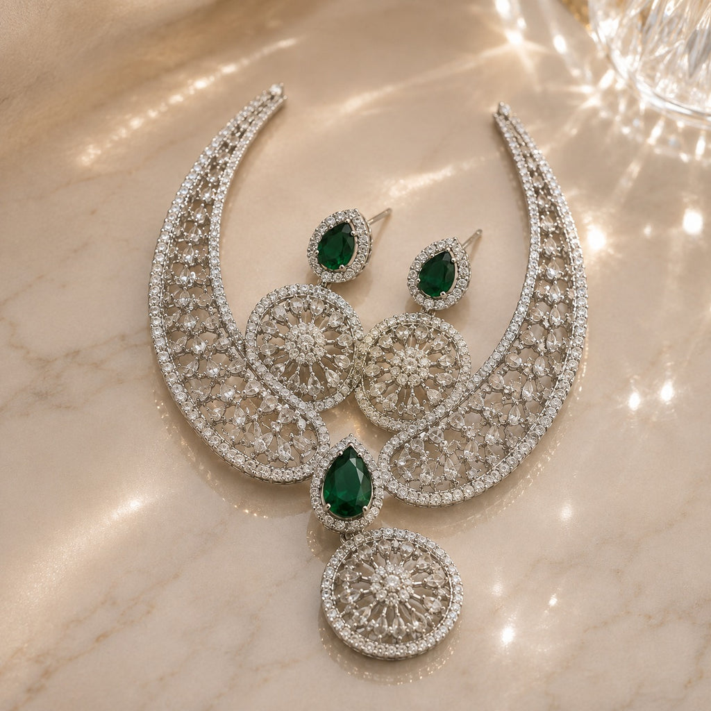 Luxury diamond-look zircon mesh necklace and matching drop earrings set in silver tone finish