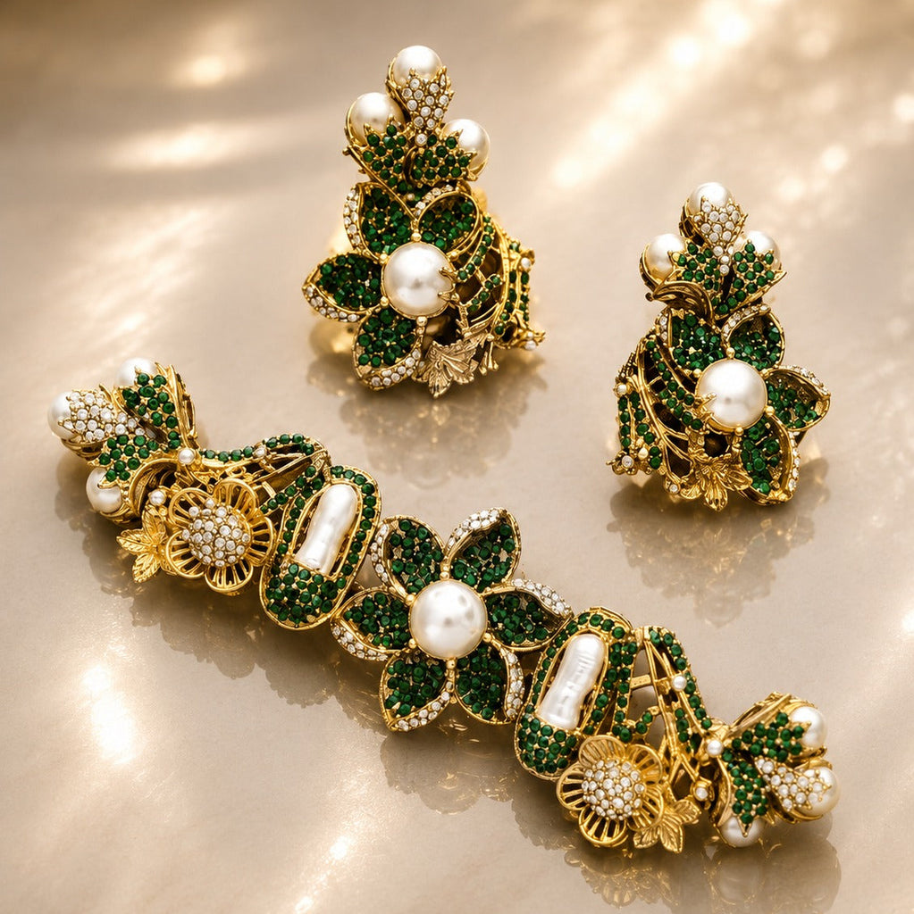 Gold Emerald Pearl Floral Choker Jewelry Set – Necklace, Earrings & Ring
