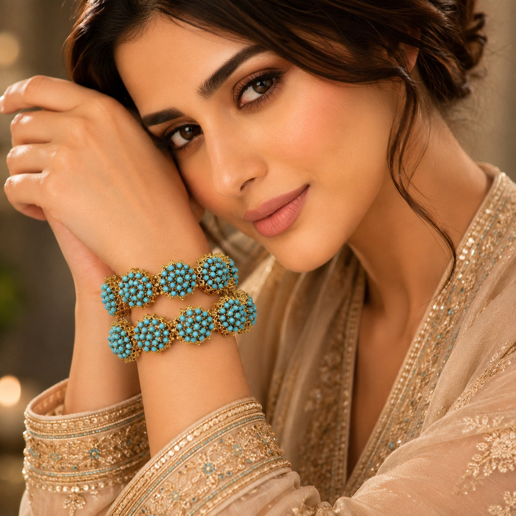 Gold Turquoise Floral Cluster Bangles – Set of 2 | Bridal Jewelry
