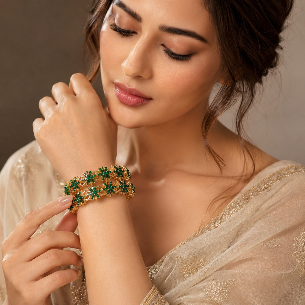 Gold Pearl Star Floral Bangles – Set of 2 | Bridal Jewelry