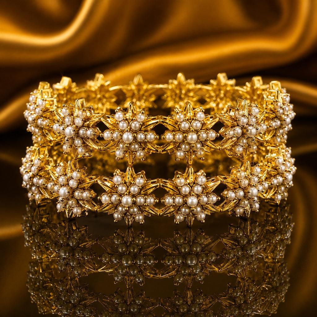 Gold Pearl Star Floral Bangles – Set of 2 | Bridal Jewelry