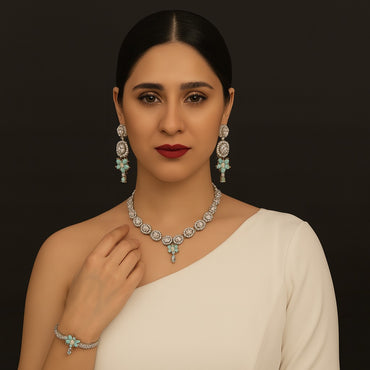 Silver Mint Green Floral Necklace Set with Earrings & Maang Tikka – Rs. 4250