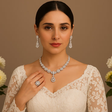 Silver Teardrop Pendant Necklace Set with Earrings – Rs. 2550