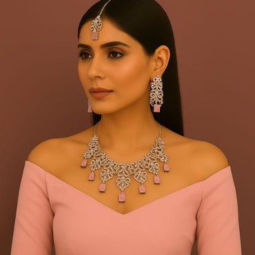 Elegant Silver & Pink Stone Bridal Necklace Set – 10,500