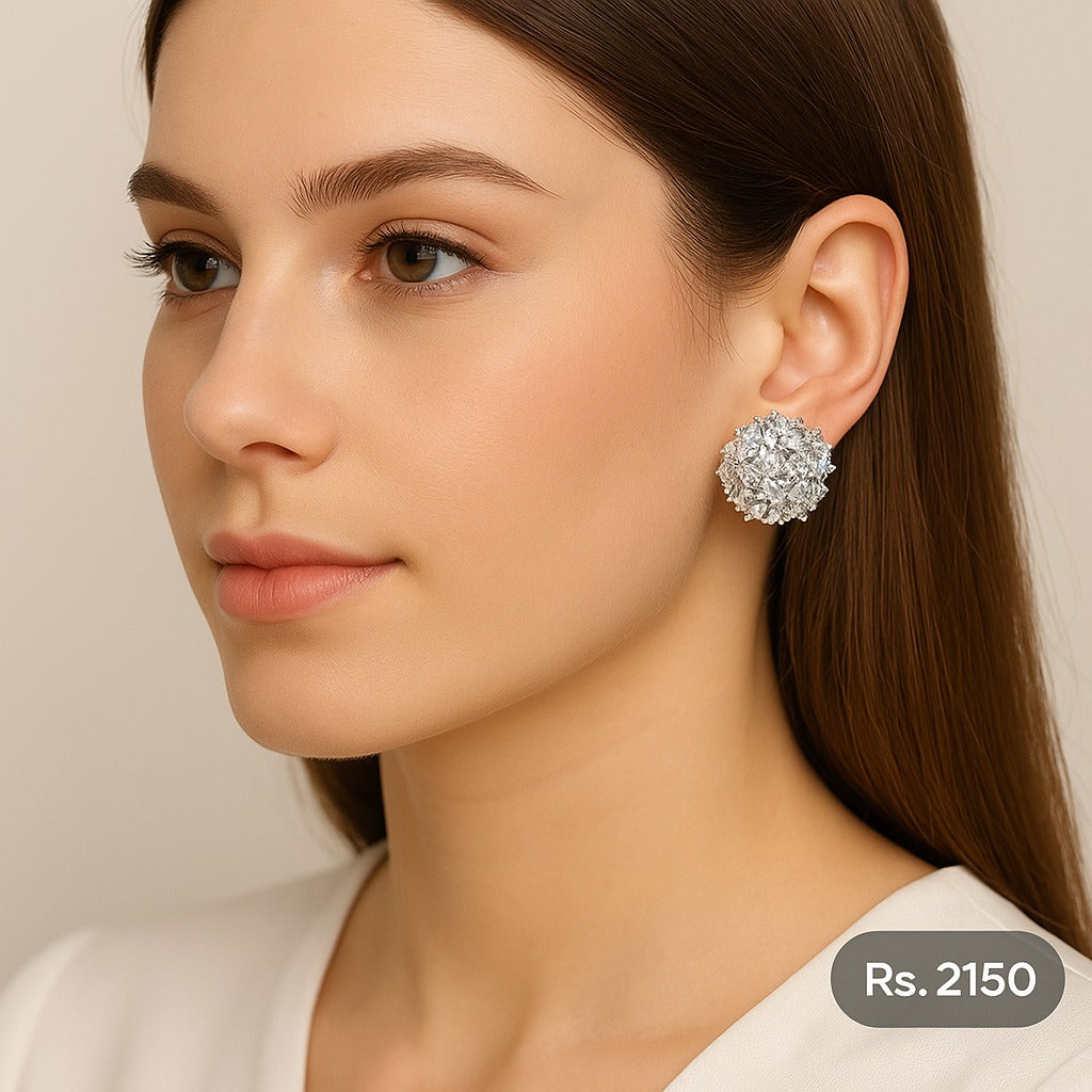 Elegant 3D American Diamond Stud Earrings - Gold Finish