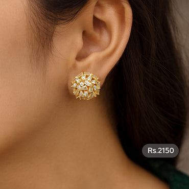Elegant 3D American Diamond Stud Earrings - Gold Finish