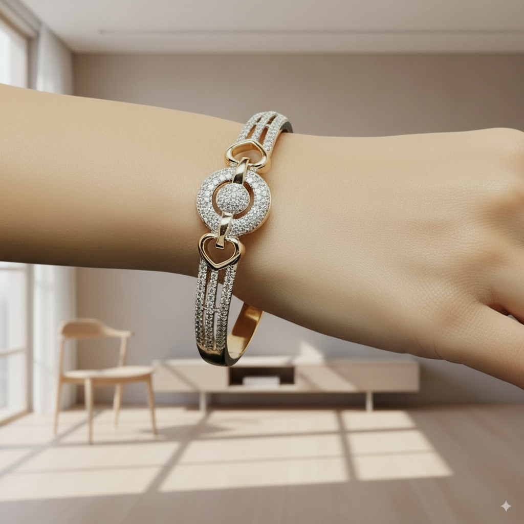 Premium Openable Zircon Bracelet - Dual Heart & Circle Design in Rose Gold