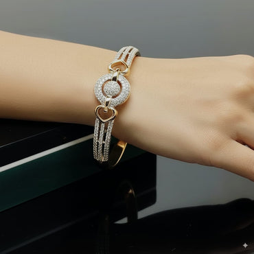 Premium Openable Zircon Bracelet - Dual Heart & Circle Design in Rose Gold