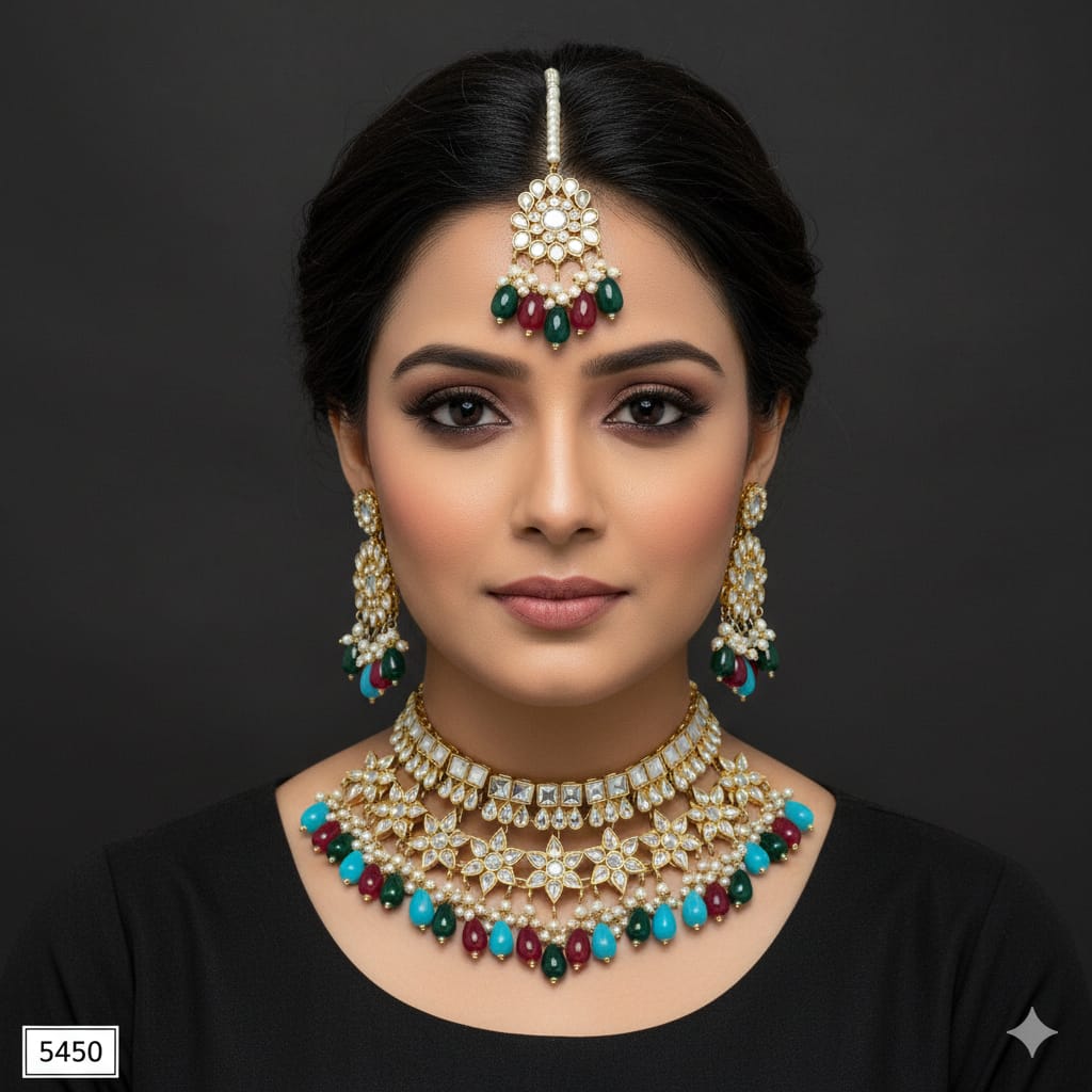 Gold Plated Kundan Jewelry Set with Red Beads – Rs. 5450