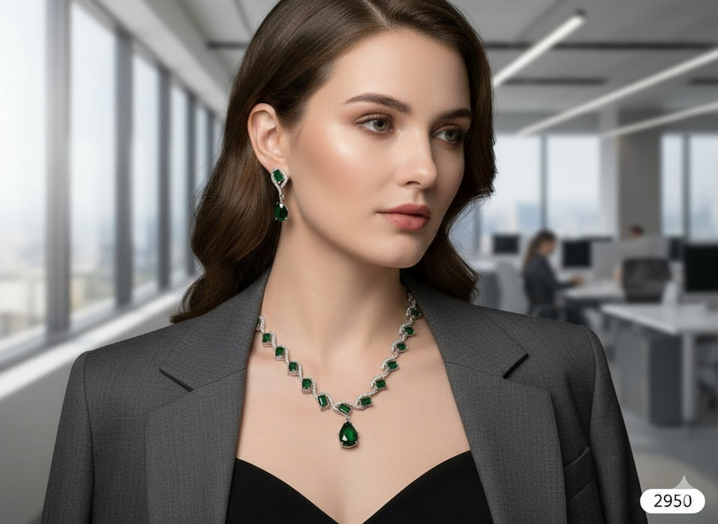 Elegant Emerald Green & Zirconia Necklace Set | Pear Drop Pendant with Matching Earrings
