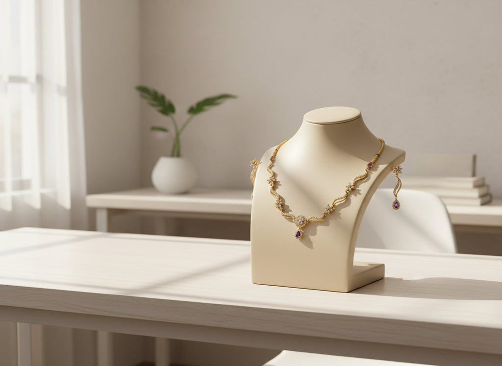 Floral Gold Tone Necklace Earring Set | Sapphire Blue Accents | Fine Fashion Jewelry*