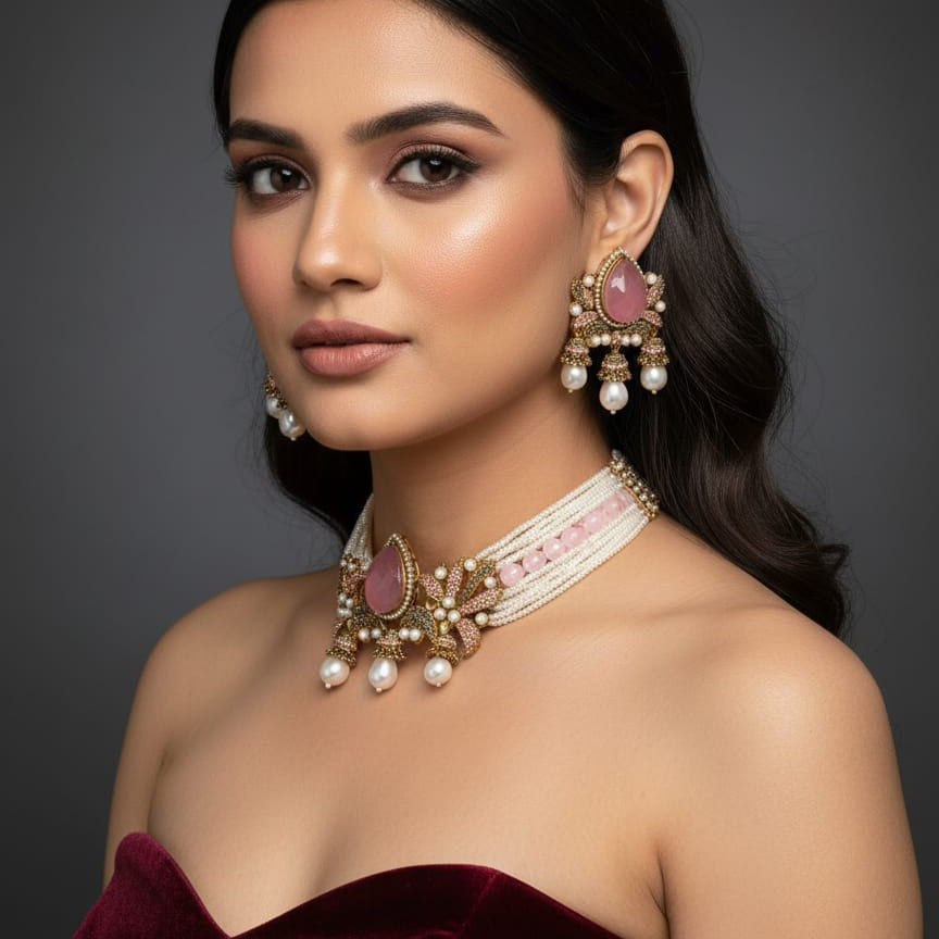 Woman wearing traditional jewelry with a dark background