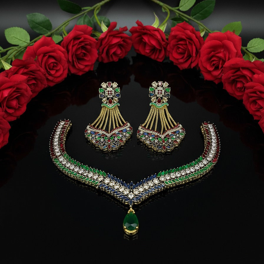 Luxury Gold Plated Multi-Color Stone Necklace Set