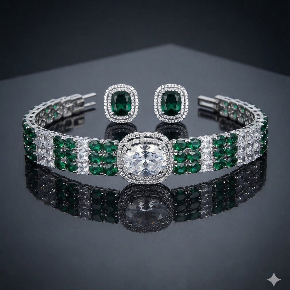 Triple Row Cuff Choker Set - Gold Emerald