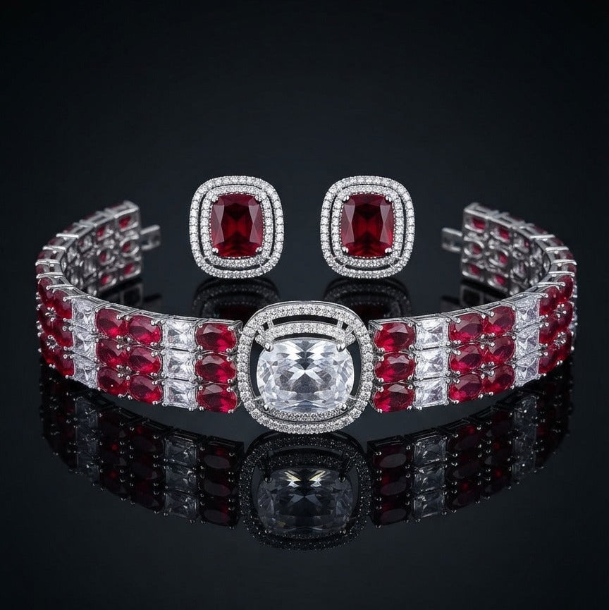 Triple Row Cuff Choker Set - Silver Ruby