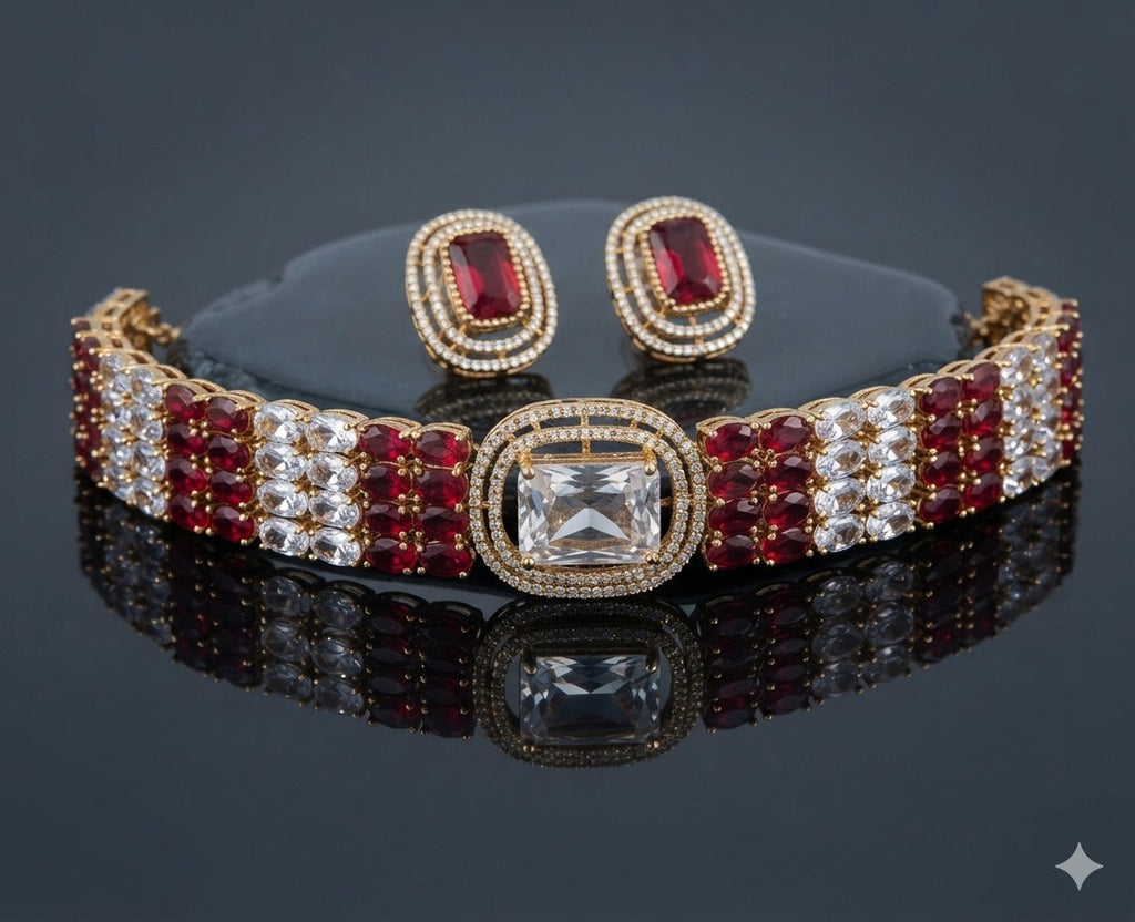 Triple Row Cuff Choker Set - Silver Emerald
