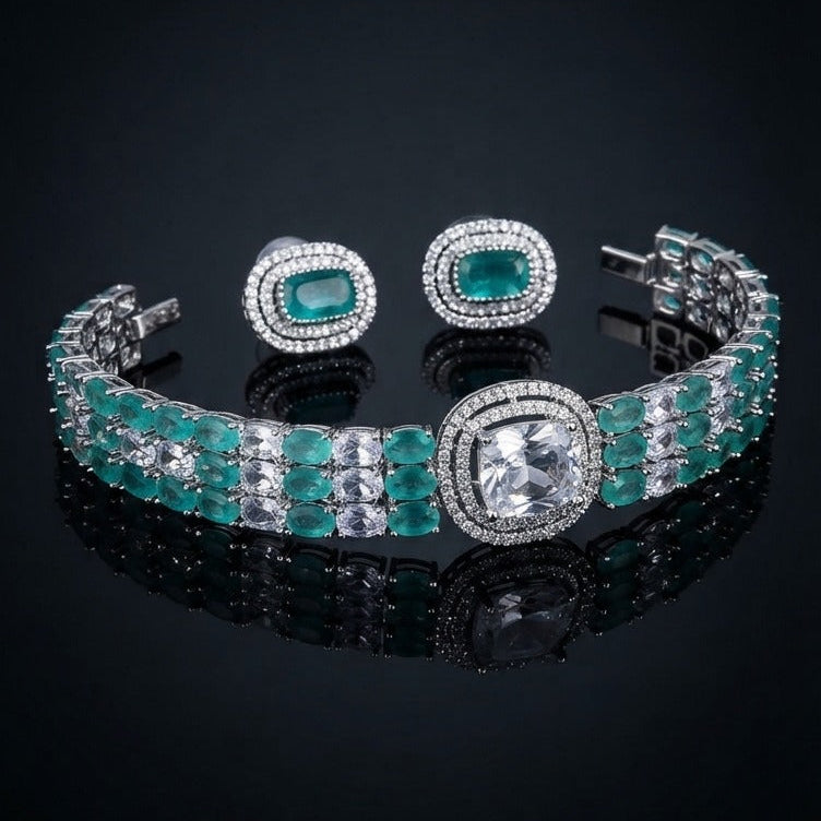 Triple Row Cuff Choker Set - Silver Teal