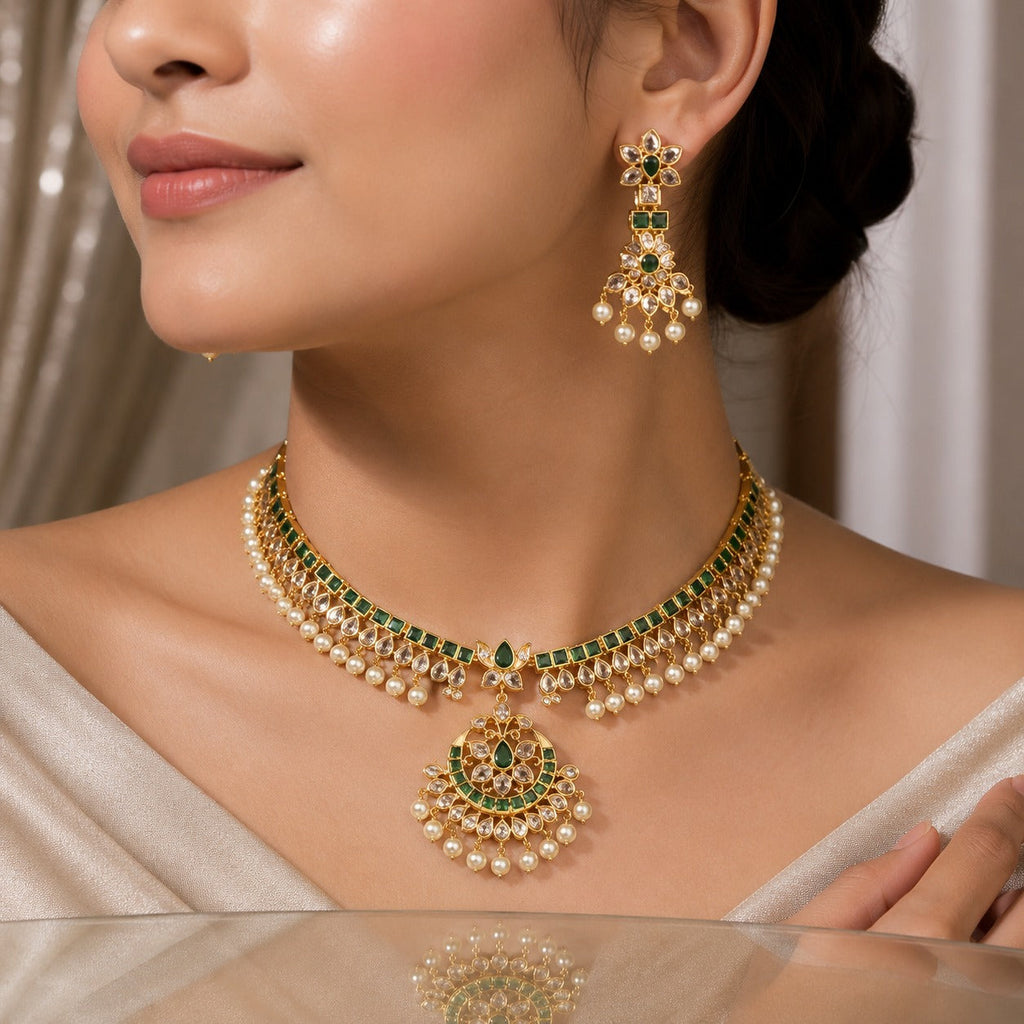 South Indian Kundan Choker Set with Chandbali Earrings