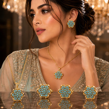 Gold Turquoise Floral Cluster Jewelry Set – Necklace, Earrings & Ring