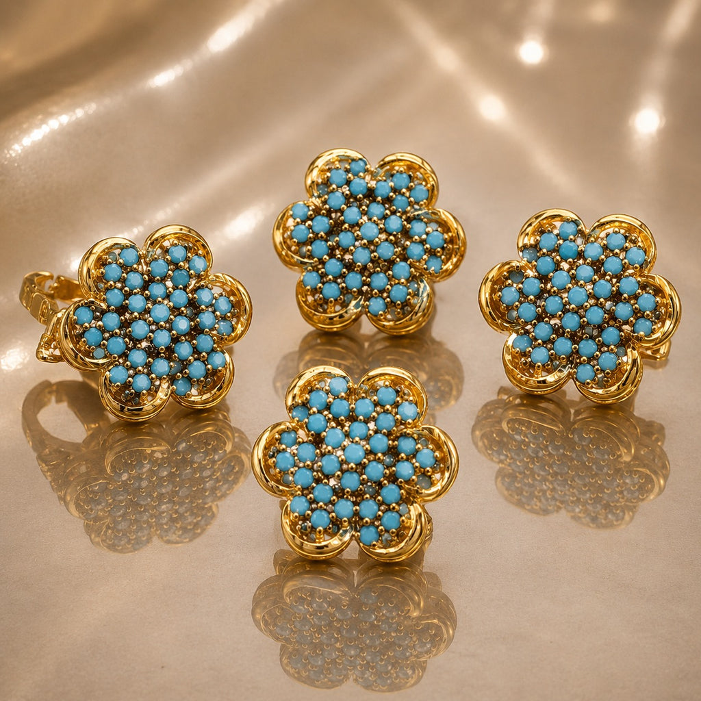 Gold Turquoise Floral Cluster Jewelry Set – Necklace, Earrings & Ring