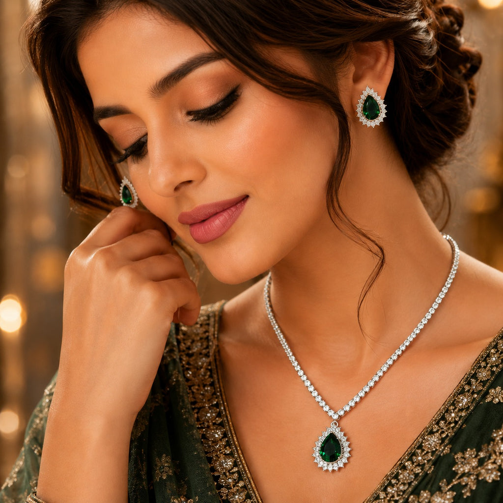 Emerald Green CZ Diamond Drop Necklace & Earrings Set