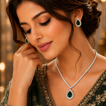 Emerald Green CZ Diamond Drop Necklace & Earrings Set