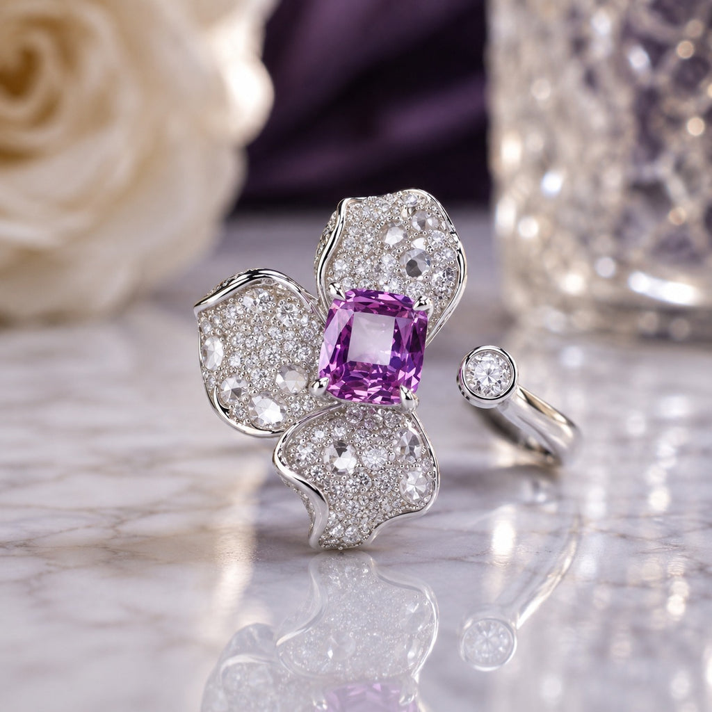 Silver-Tone Orchid Petal Pavé Amethyst Purple CZ Cocktail Ring