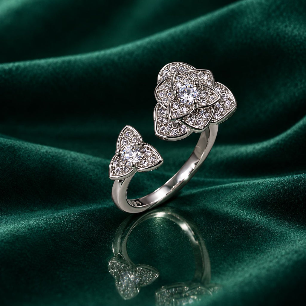 Silver CZ Lotus Bloom & Trefoil Open Cuff Bridal Cocktail Ring on dark green velvet drape surface with mirror reflection backdrop