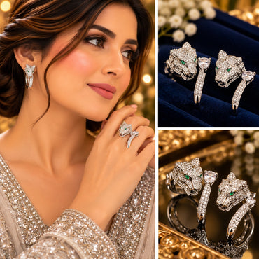 Collage showing a model wearing a silver-tone panther ring and earrings, alongside matching animal-head jewellery displays.