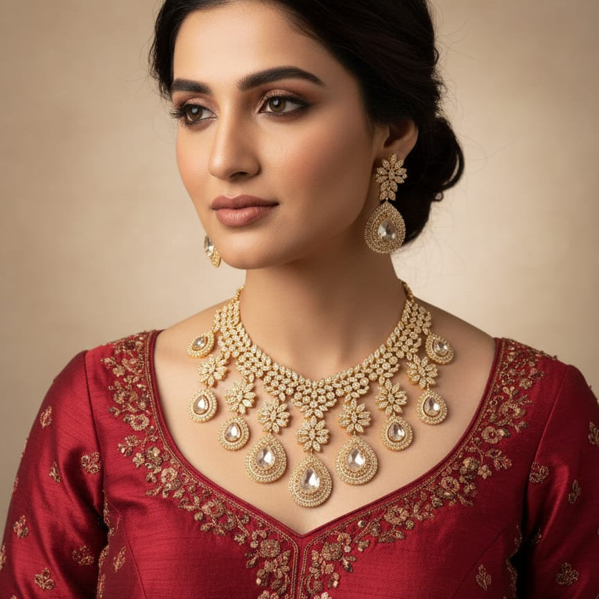 Woman wearing a red traditional outfit with gold jewelry against a beige background