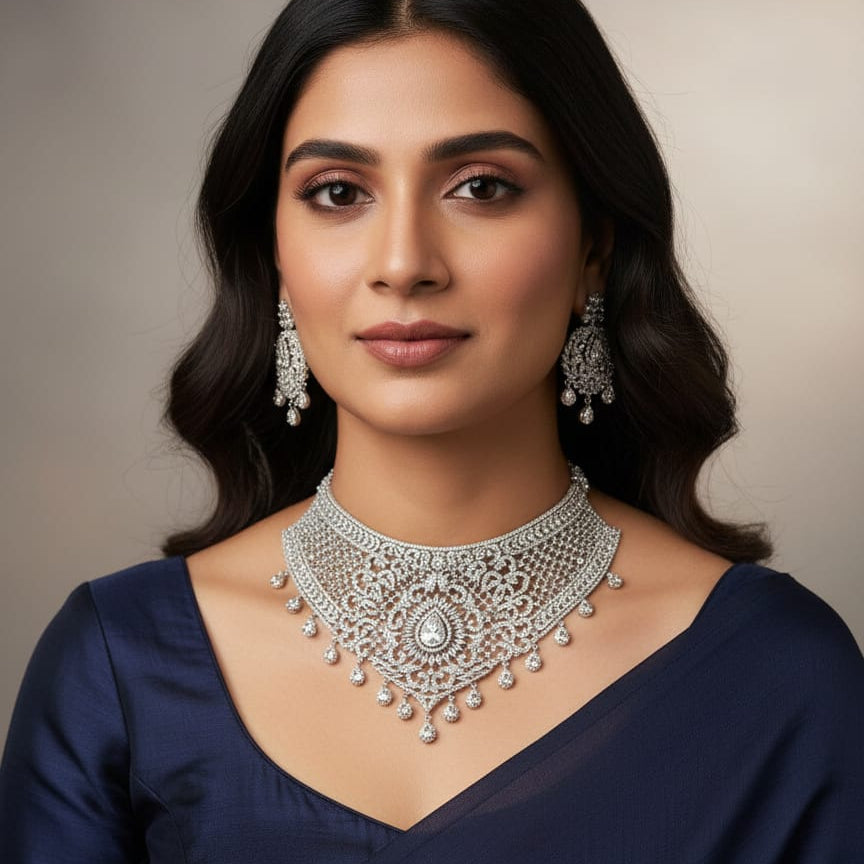 Woman wearing a silver necklace and earrings against a neutral background