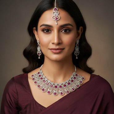 Silver Scrollwork & Magenta Oval Statement Set – Rs. 10,450